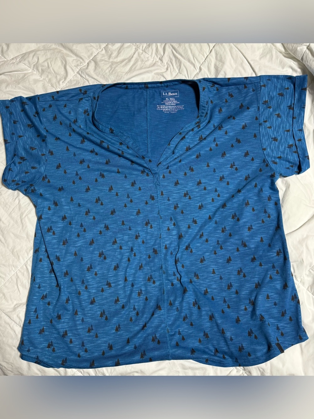 L.L. Bean Blue Short-Sleeve Henley Tee with Black Tree Print - XL